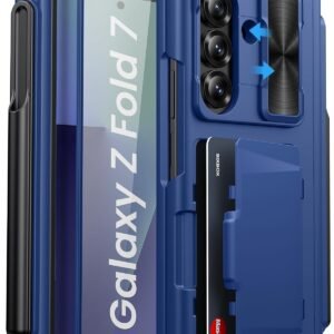 SIXBOX for Samsung Galaxy Z Fold 7 Wallet Case, Built-in S Pen Holder & Hinge Protection & Camera Cover & Card Holder & Screen Protector, Durable Multifunctional Phone Case for Z Fold 7 2025, Blue